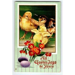 Easter Postcard Baby Chicks Purple Egg Polyanthus Flowers Series 706 Tuck